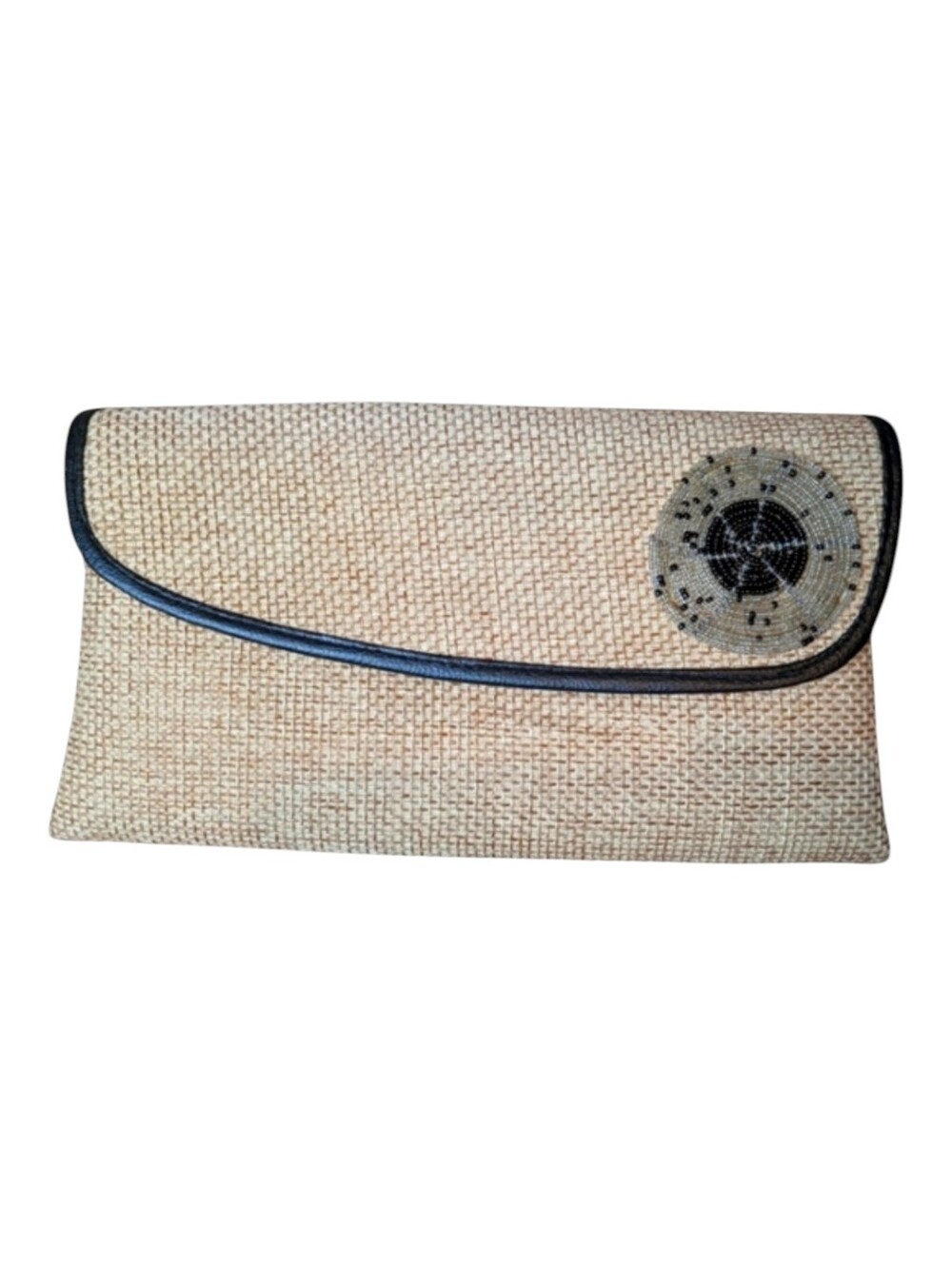 Woven Fold Over Snap & Zip Clutch Beaded Spiral Detail Black Vegan Leather Trim